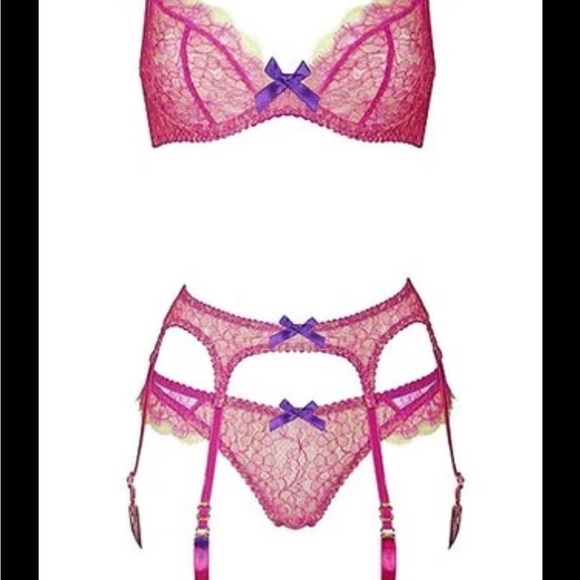 RARE Agent Provocateur Ariel Full Set — pink/purple lace w/ yellow - Picture 13 of 16